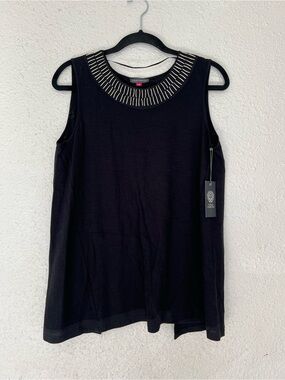 Vince Camuto Black Sleeveless Tank with Metallic Beaded Collar